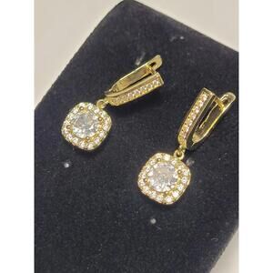 Goldtone Cubic Zirconia Cushion Cut Halo Drop Dangle Hinge Fashion Snap Earrings